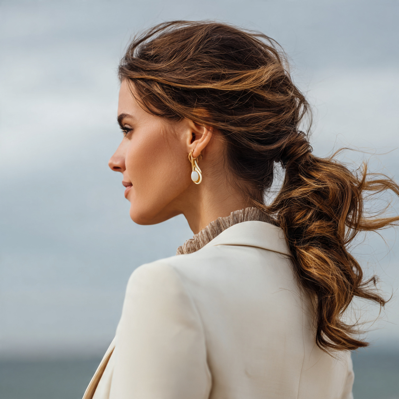 an attractive woman having easy formal low twisted