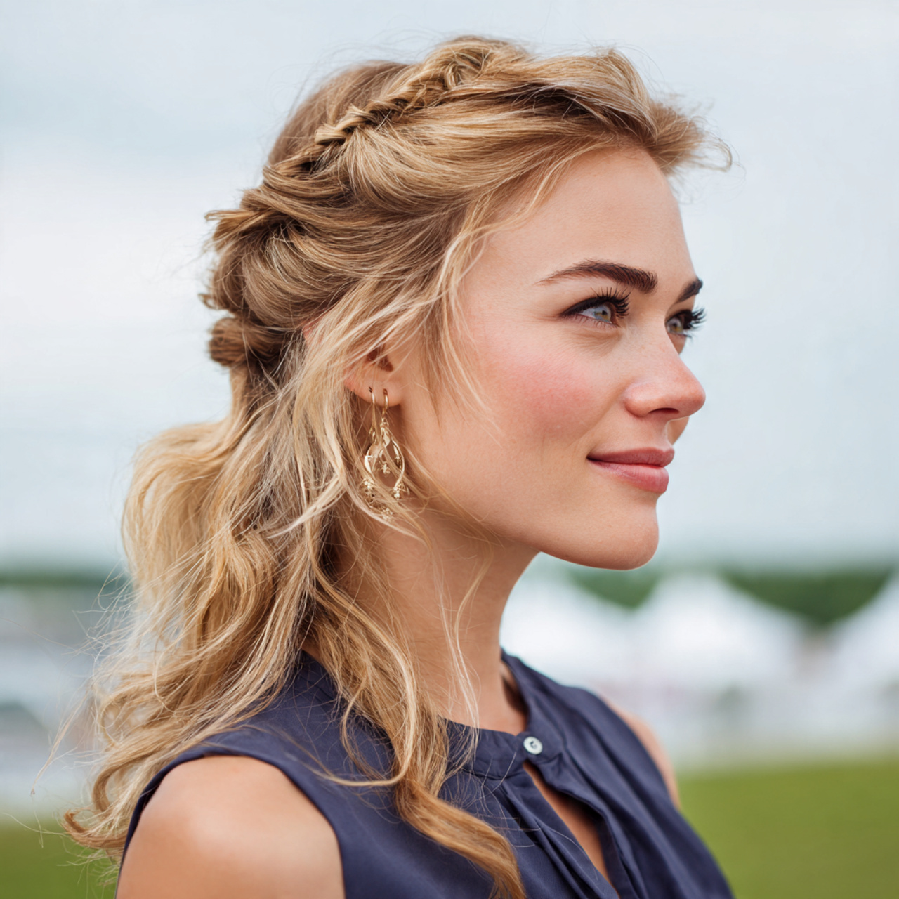 an attractive woman having easy formal twisted hal