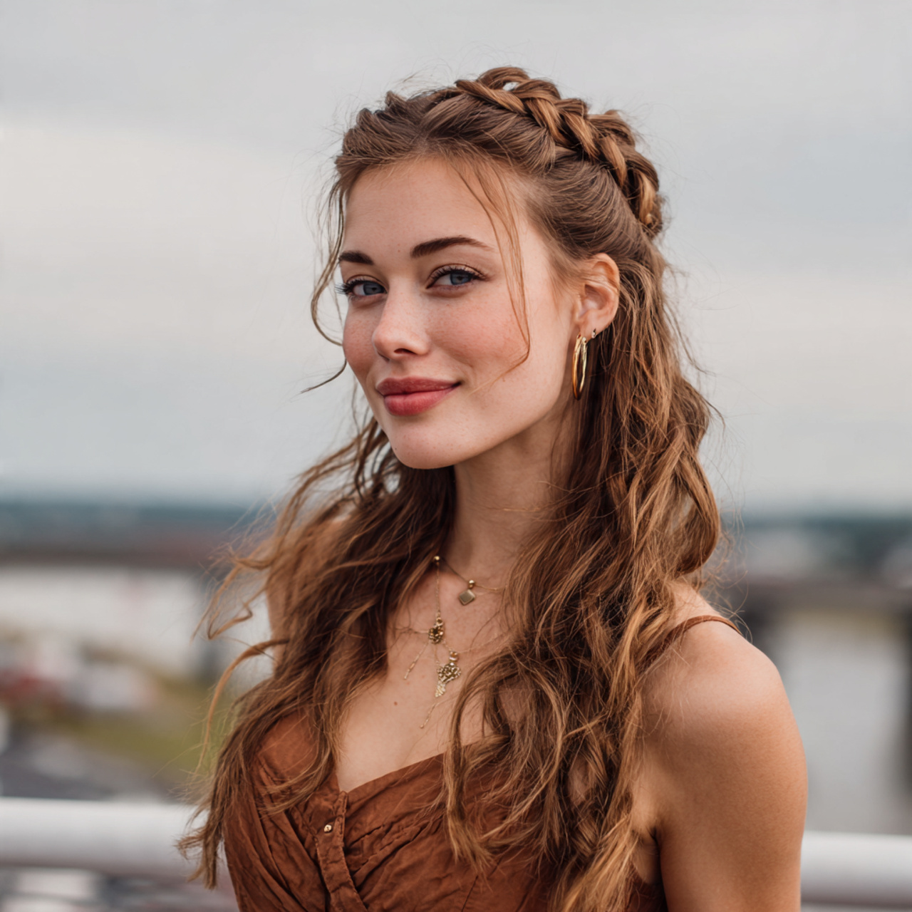 an attractive woman having easy half up braided cr 1