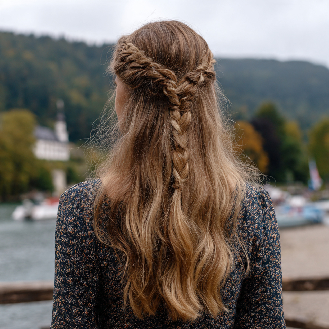 an attractive woman having easy half up braided cr