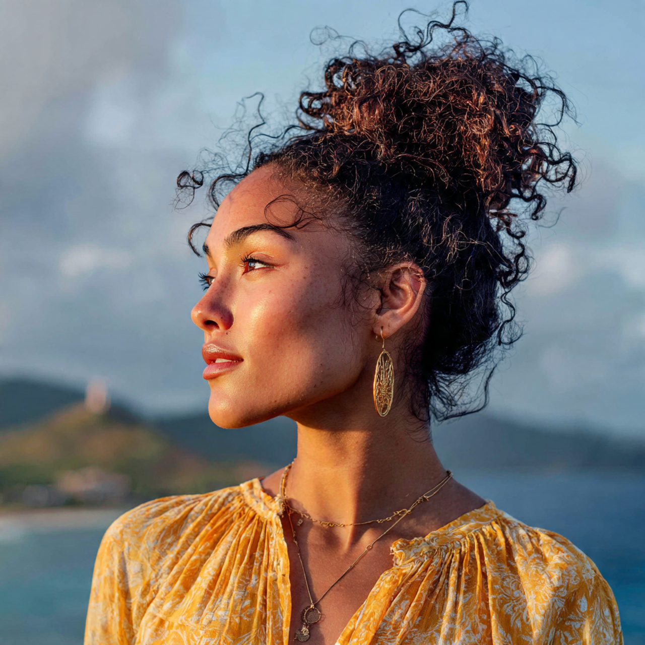 an attractive woman having easy half up curly bun