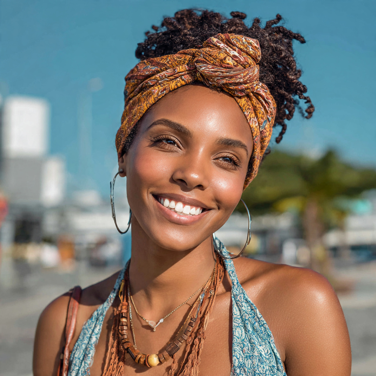 an attractive woman having easy headwrap style nat