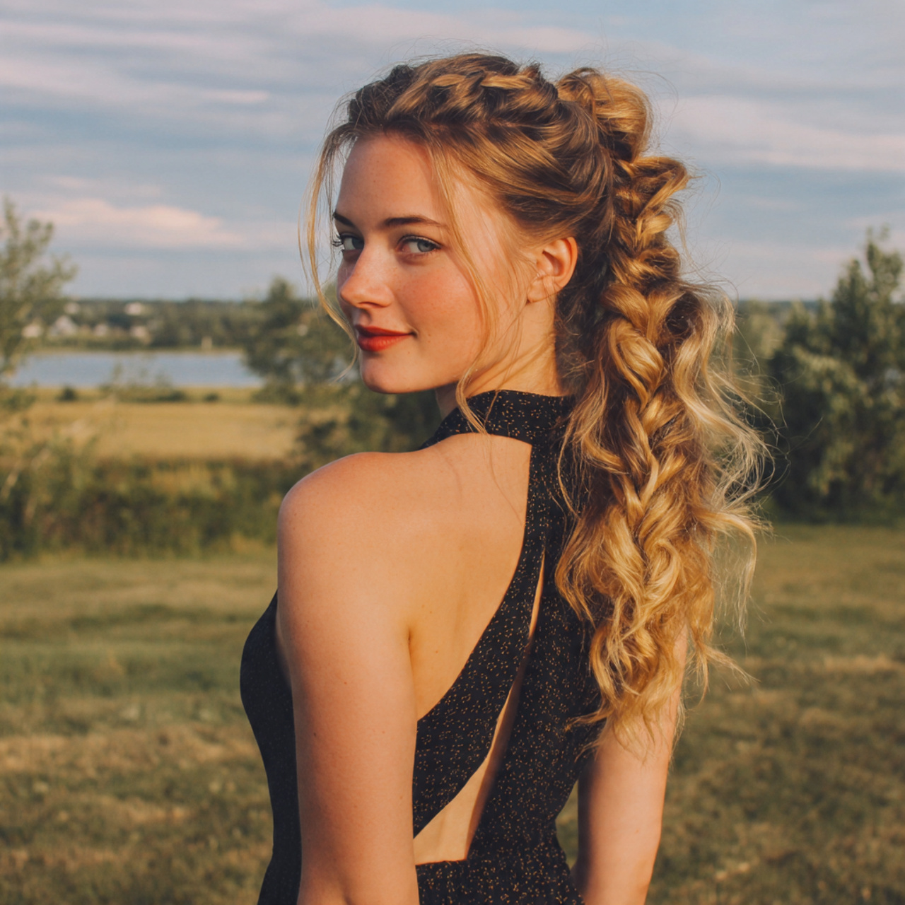 an attractive woman having easy loose curly braide