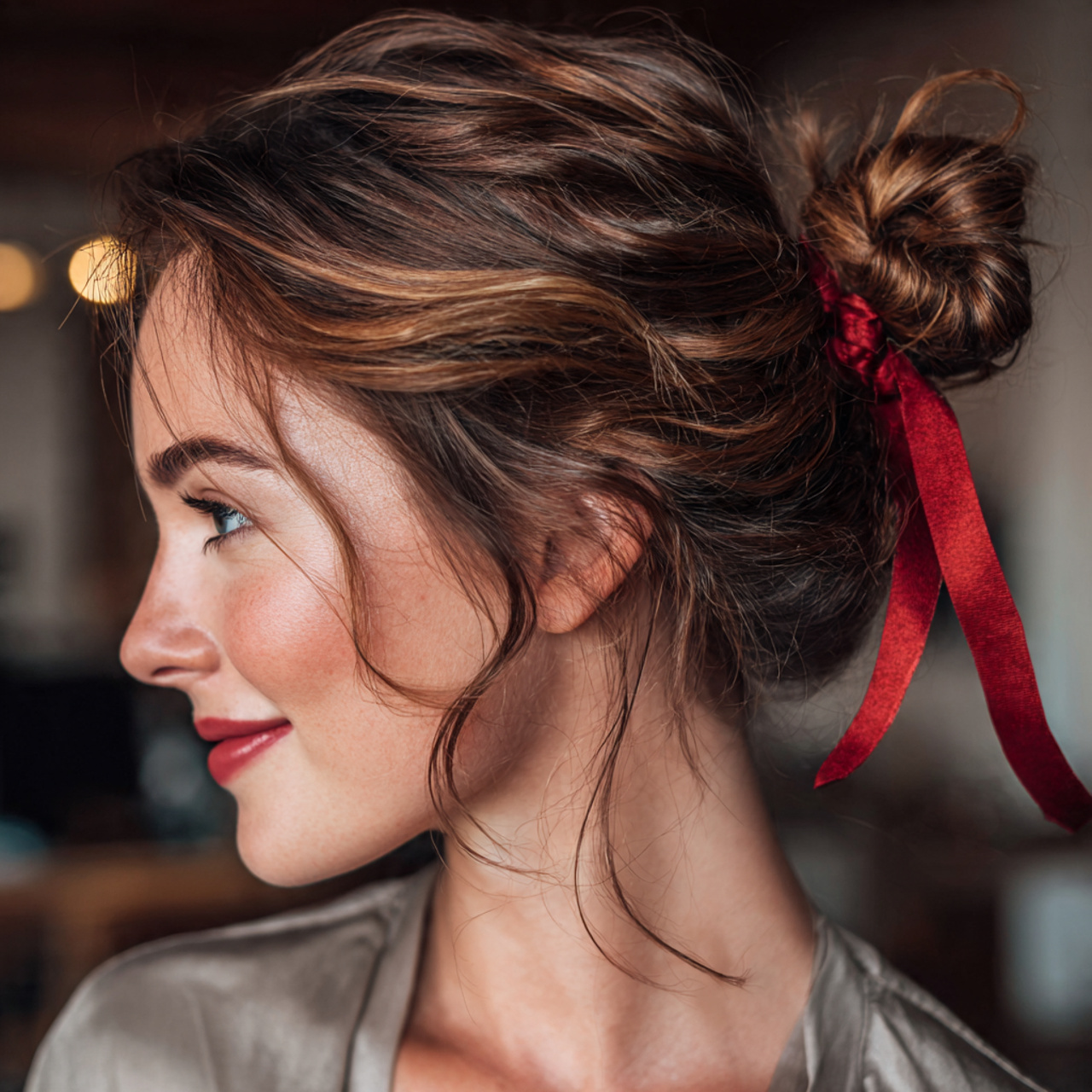 an attractive woman having easy low messy bun with