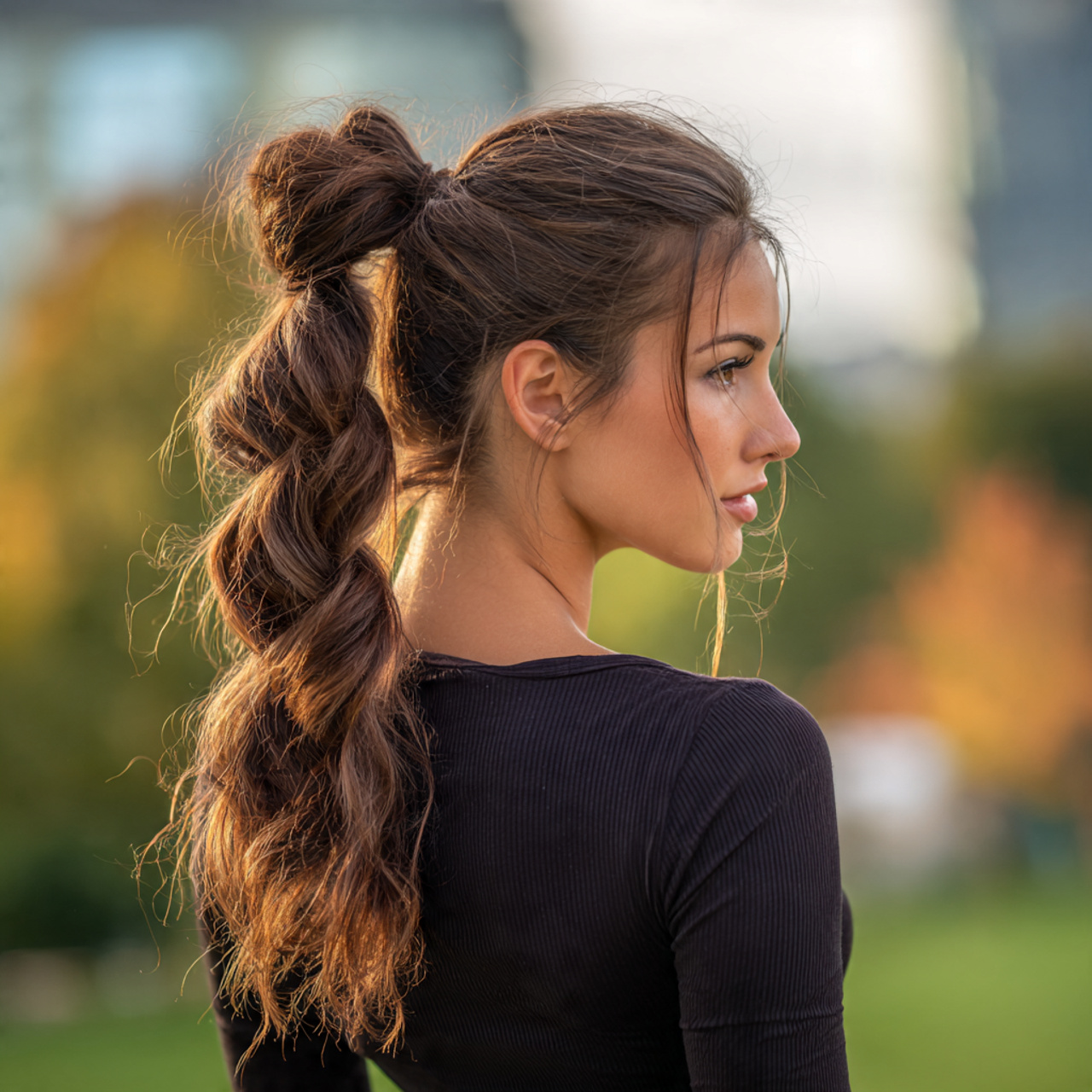 an attractive woman having easy simple bubble pony