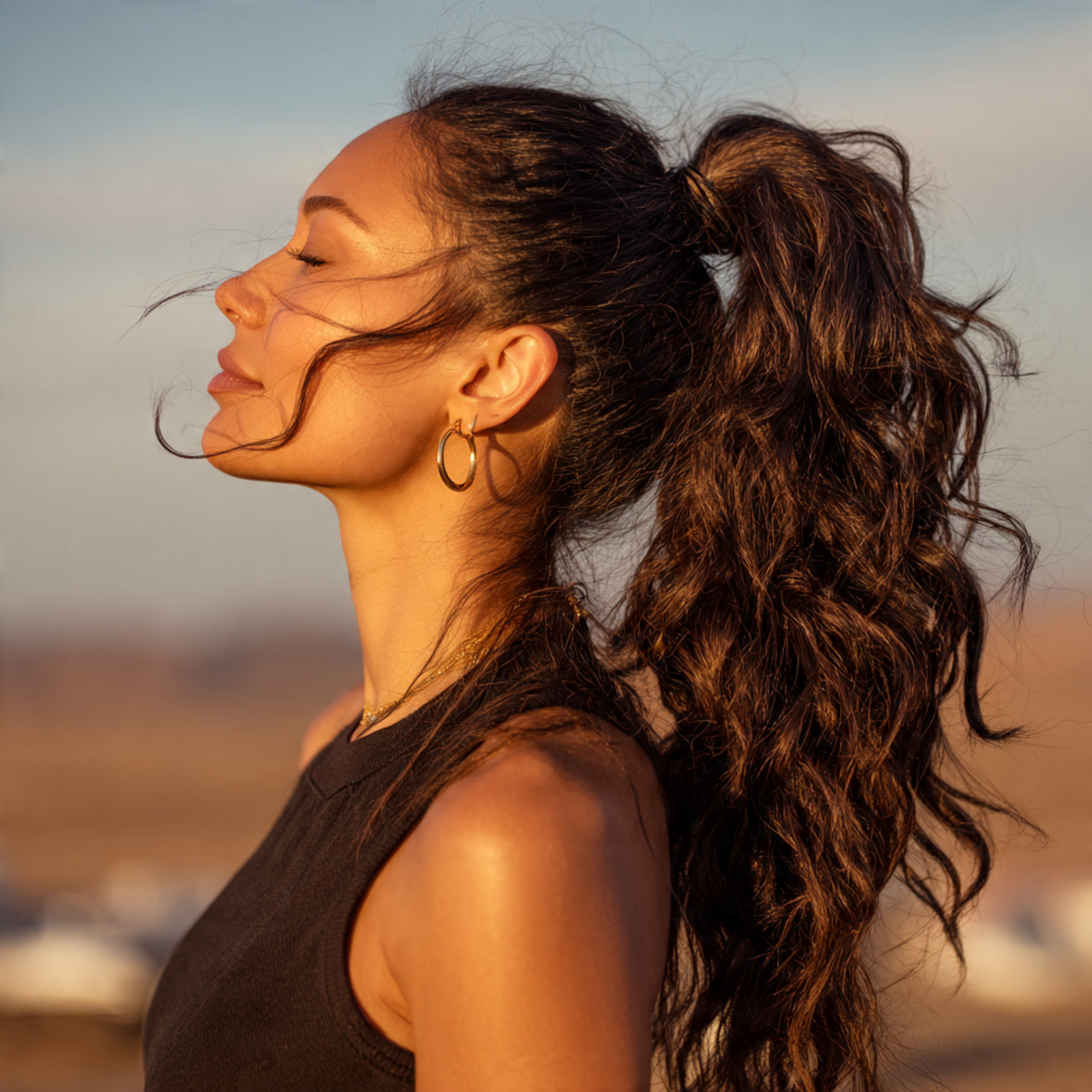 an attractive woman having easy soft textured pony