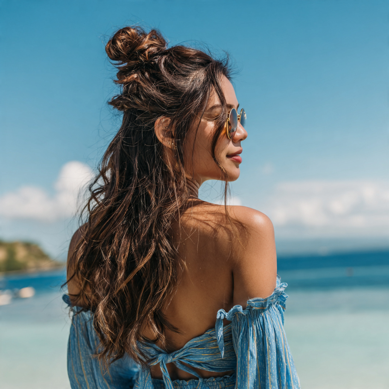 an attractive woman having half up beach knot hair