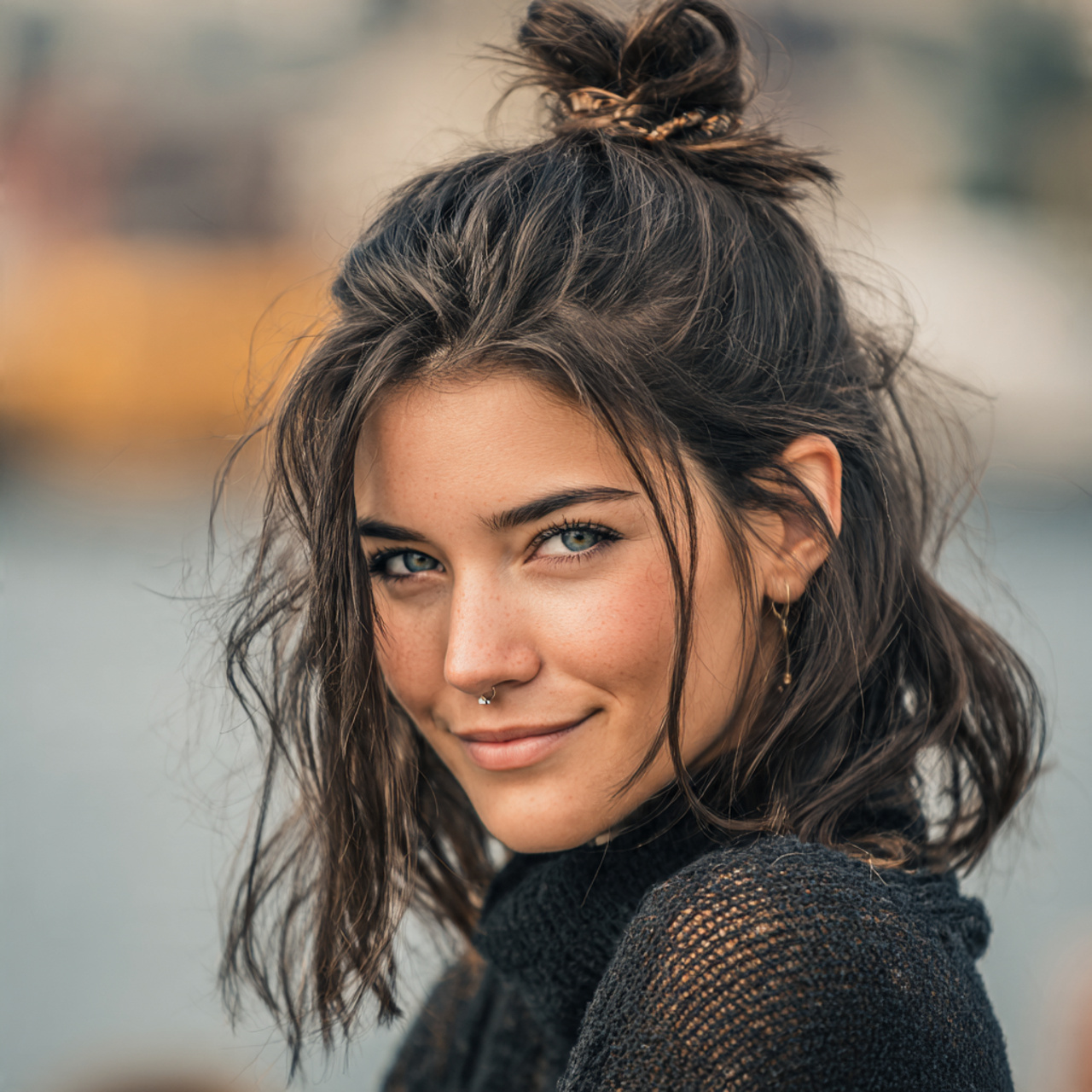 an attractive woman having half up mini bun medium 1