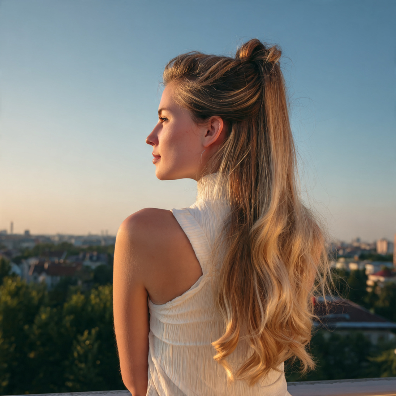 an attractive woman having half up straight style