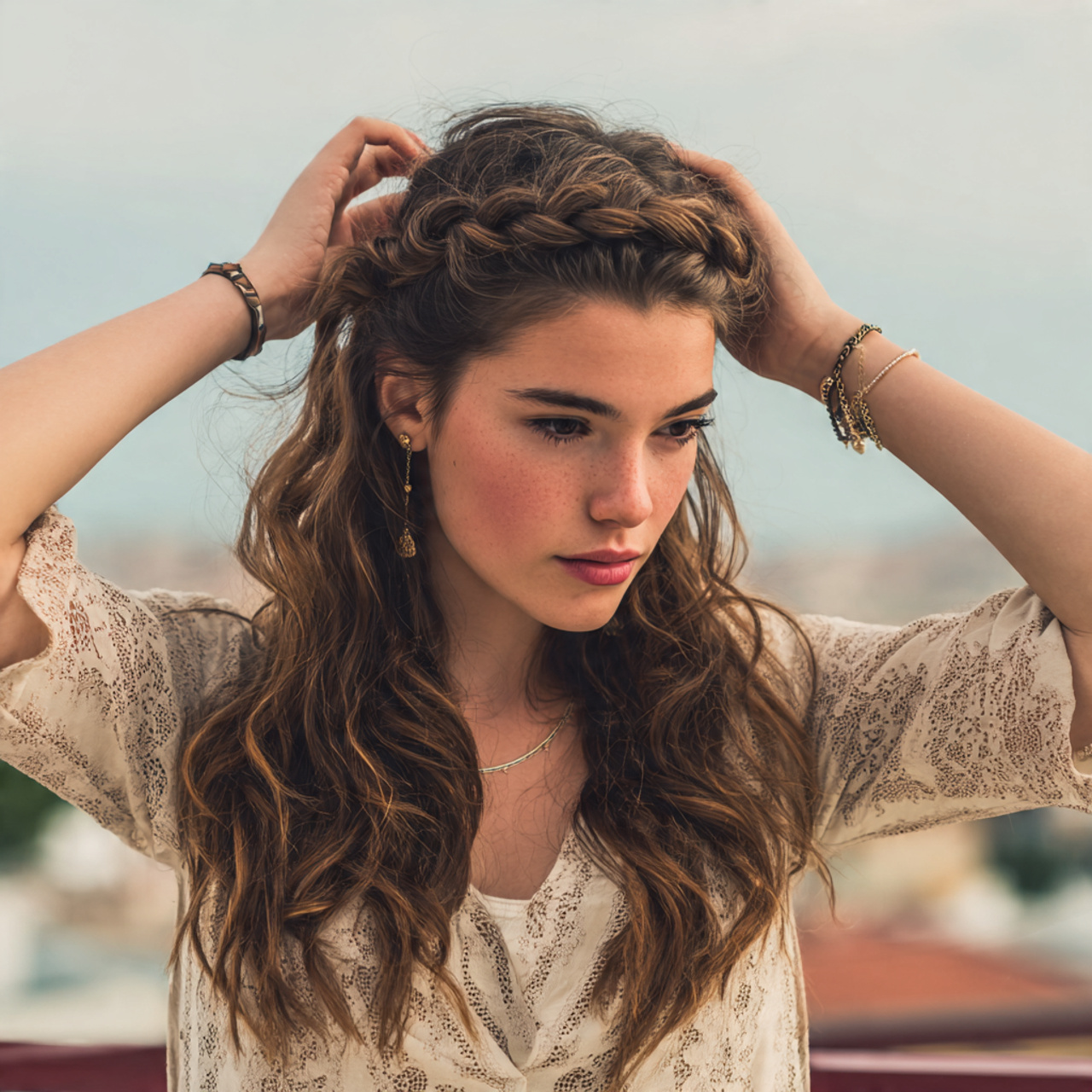 an attractive woman having half up twist hairstyle