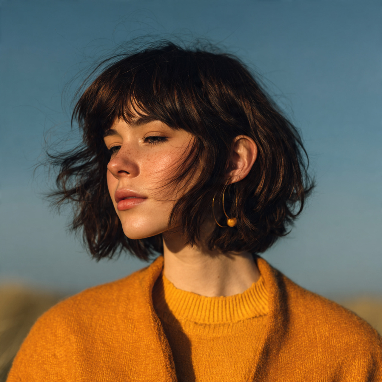 an attractive woman having hush cut hair with wisp