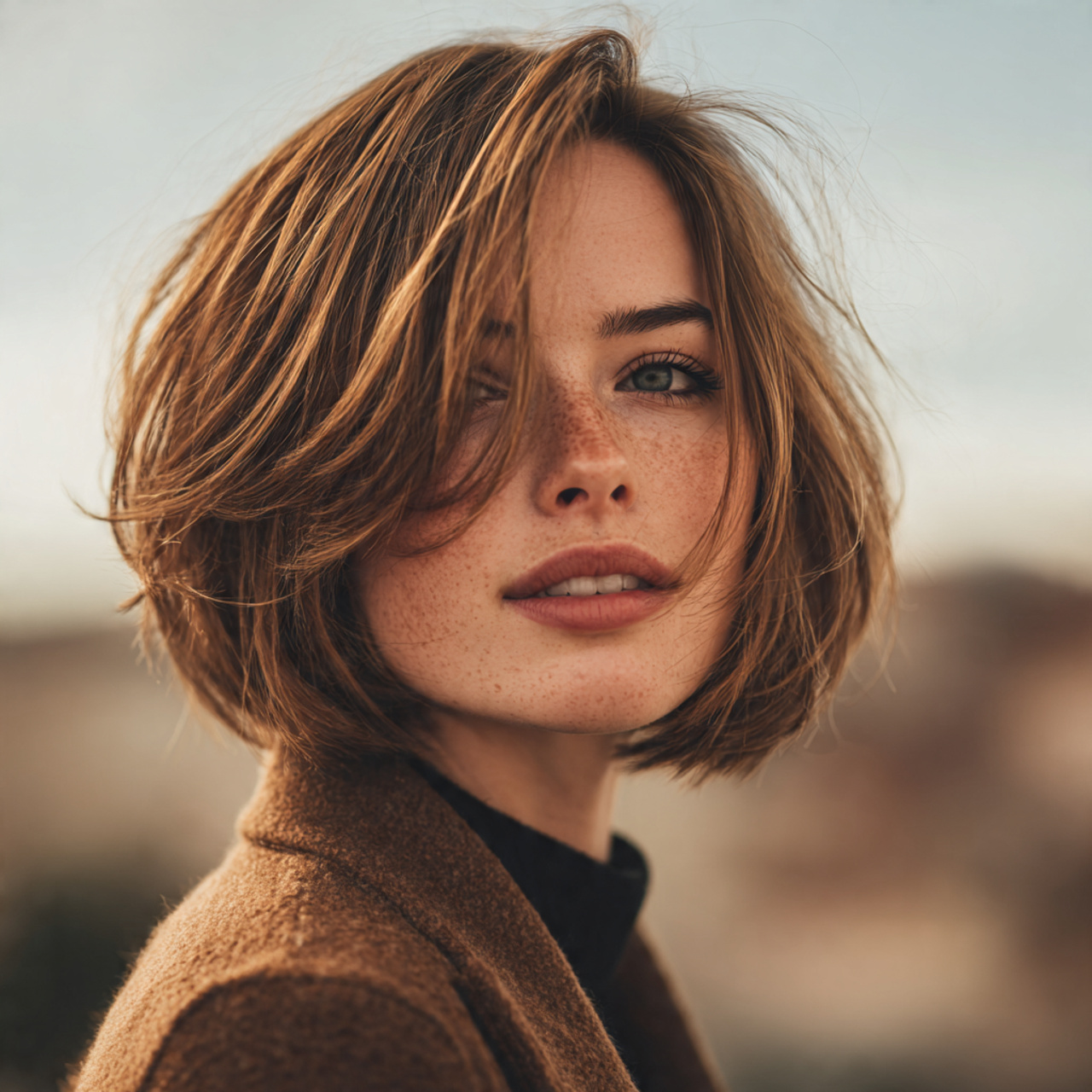 an attractive woman having layered hush cut with s