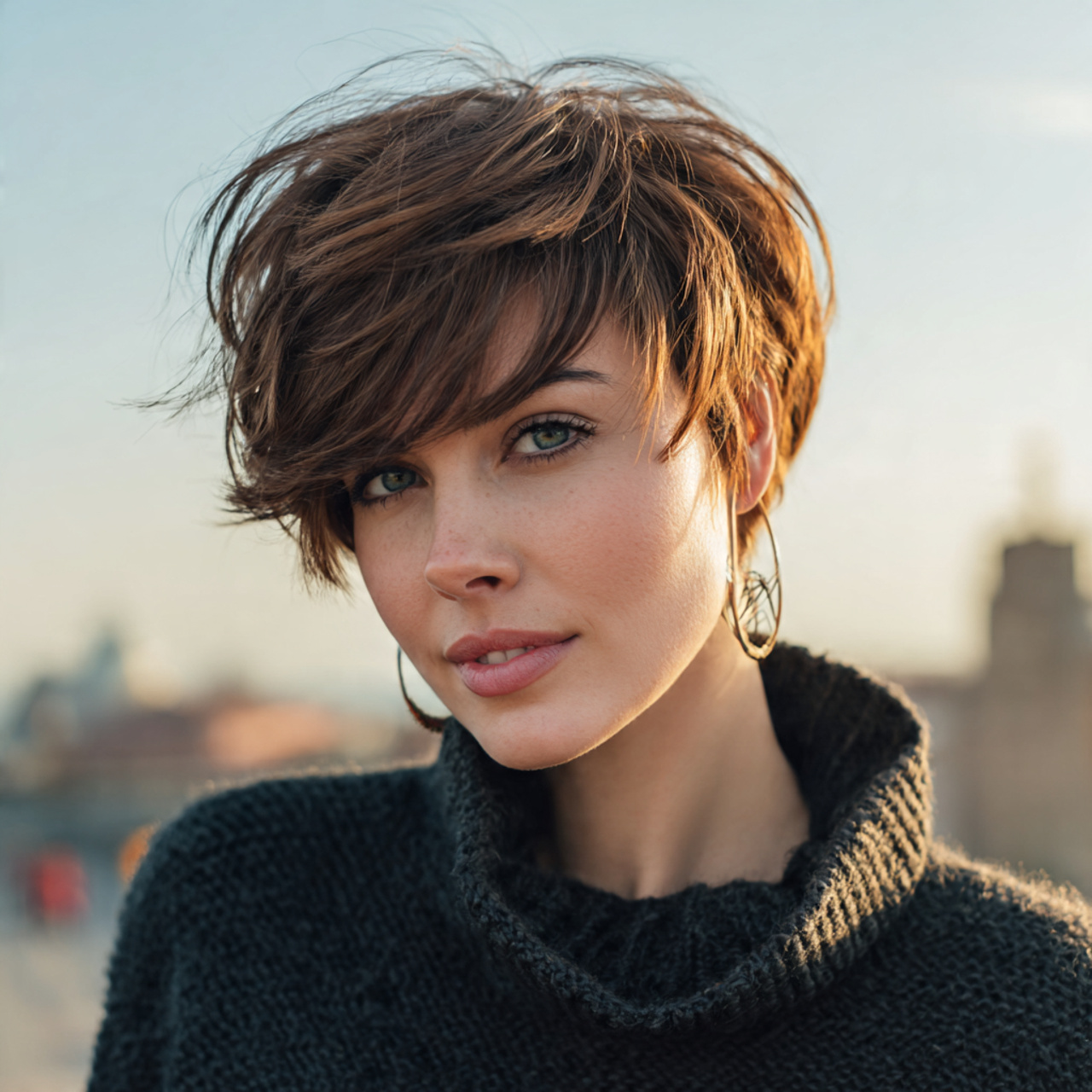 an attractive woman having layered pixie bob hairs