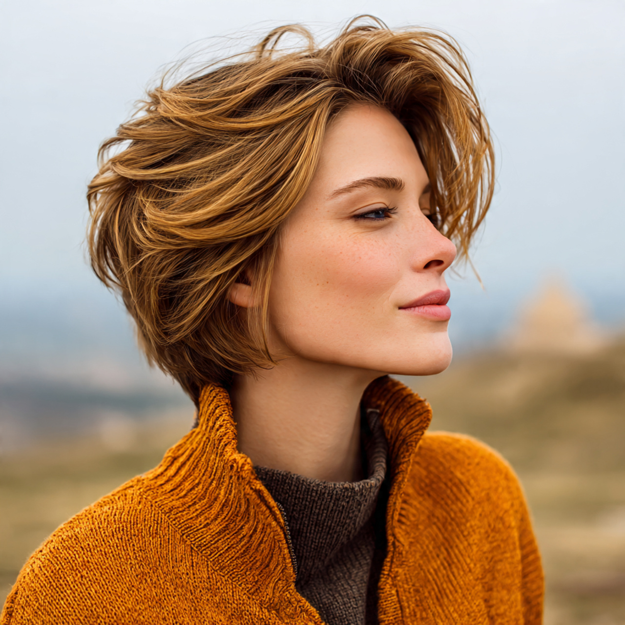 an attractive woman having layered volume blowout