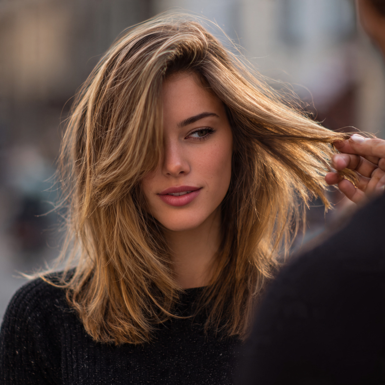 an attractive woman having long hush cut hair in o