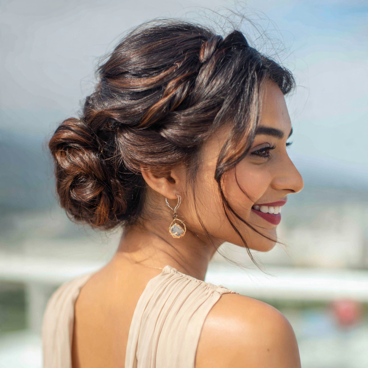 an attractive woman having loose braided bun easy
