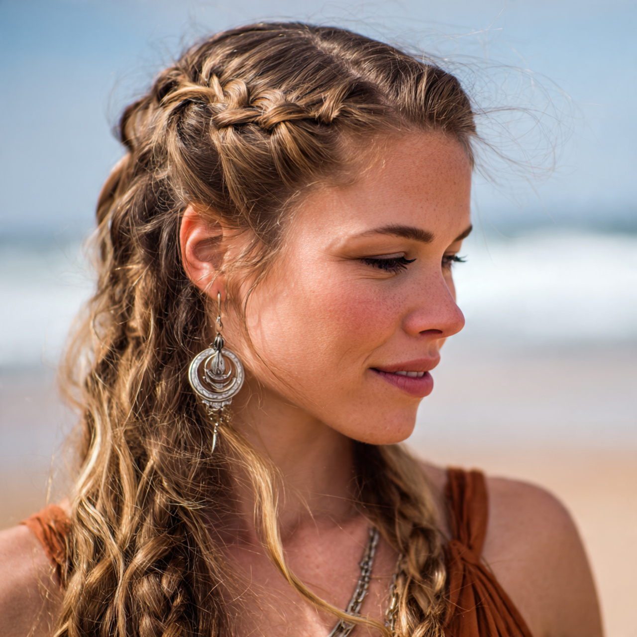 an attractive woman having loose braided crown hai