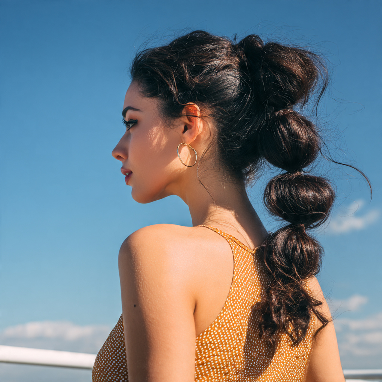 an attractive woman having loose bubble ponytail h