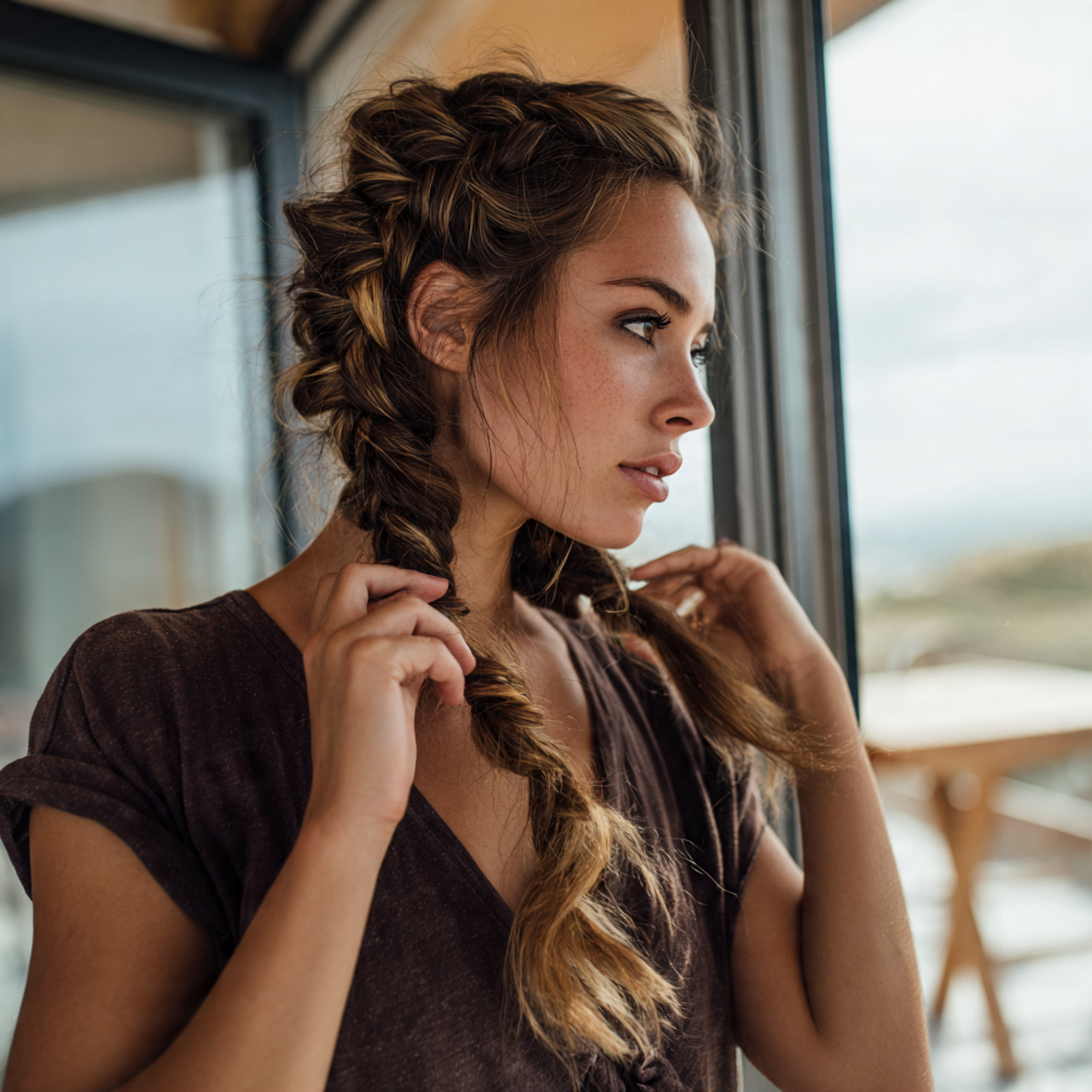 an attractive woman having loose double braids hai