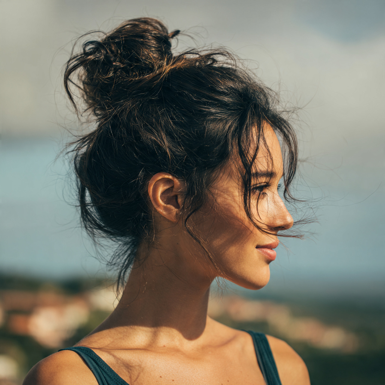 an attractive woman having loose messy bun medium