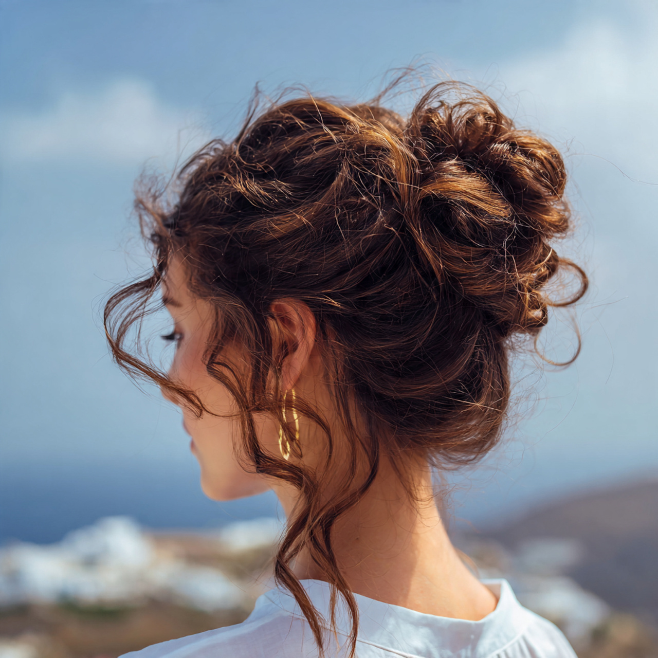 an attractive woman having loose romantic bun hair