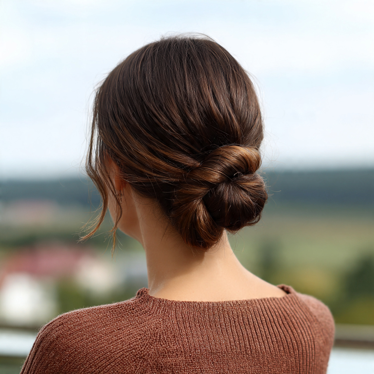 an attractive woman having low knotted bun hairsty