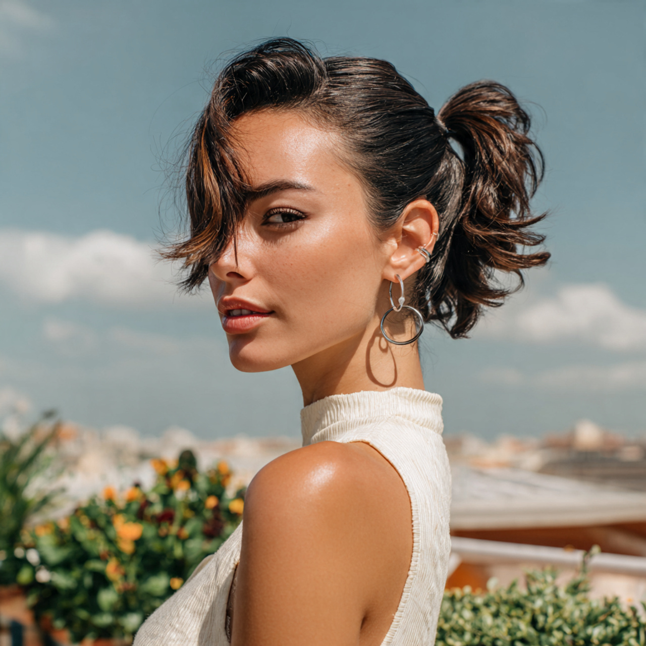 an attractive woman having low mini ponytail short