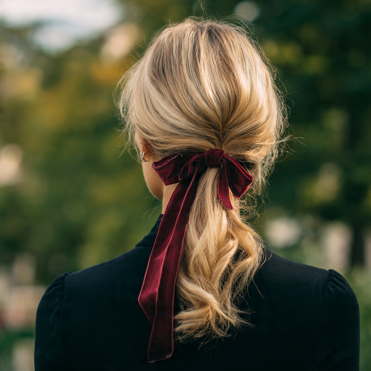 an attractive woman having low ribbon ponytail hai