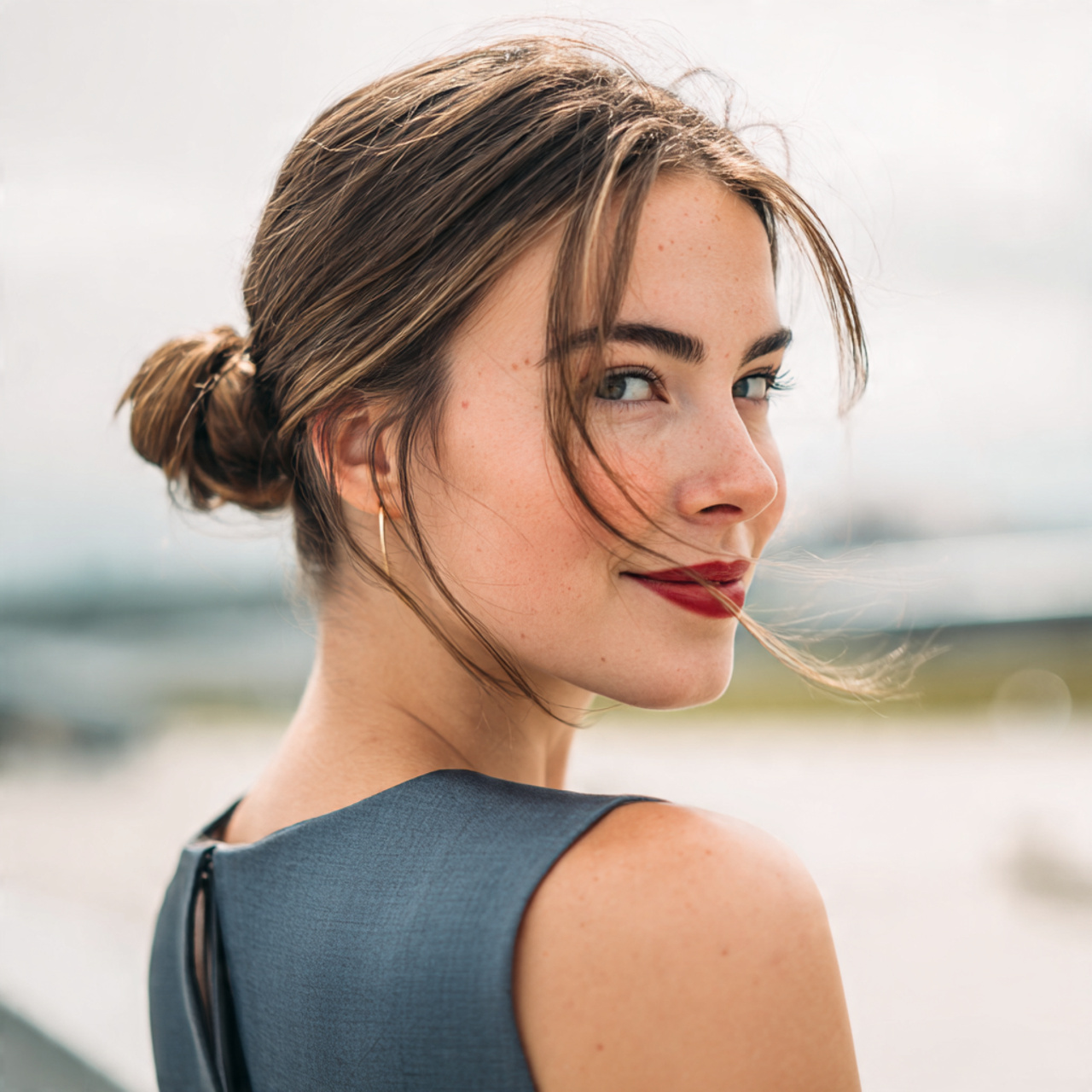 an attractive woman having low straight bun hairst