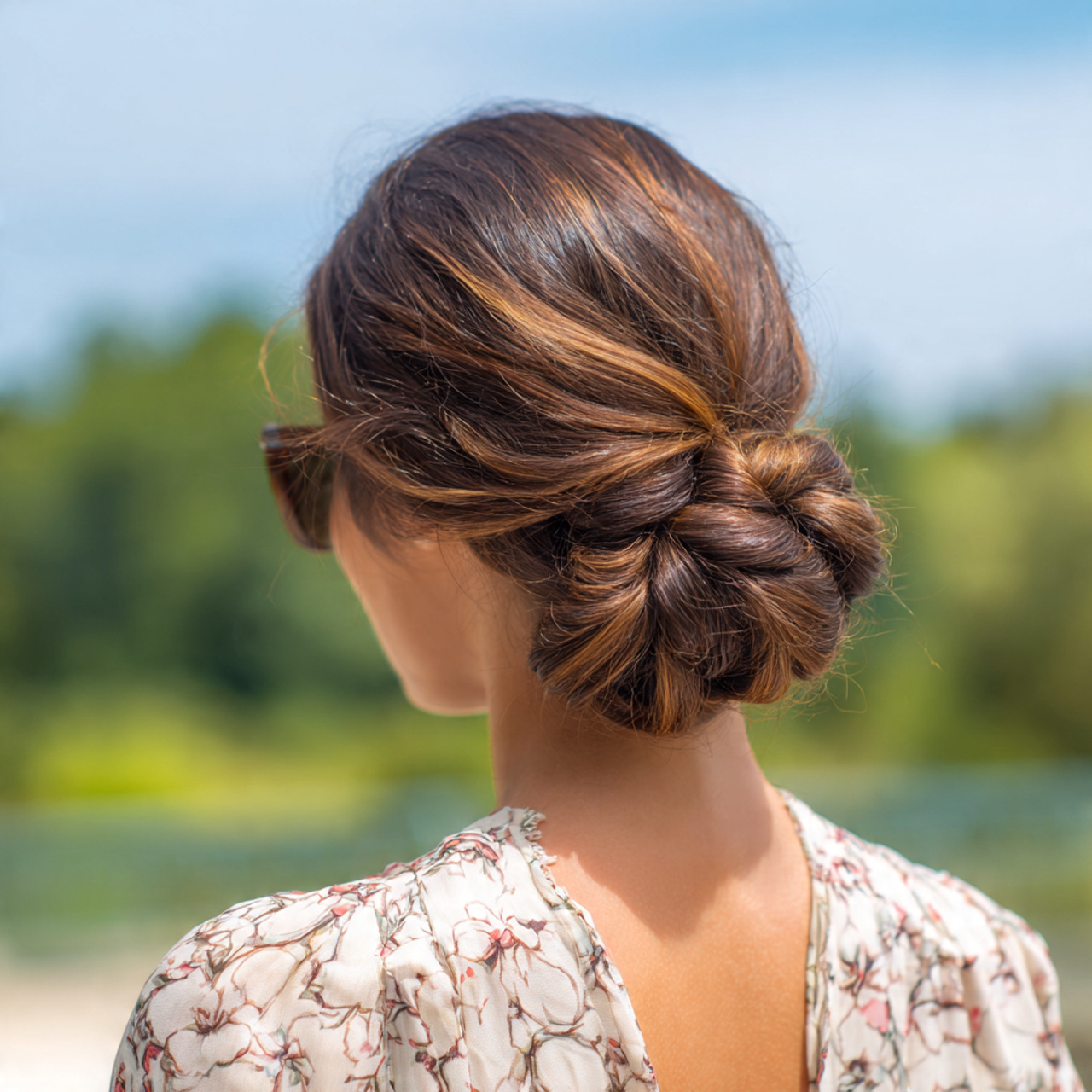 an attractive woman having low twisted bun hairsty
