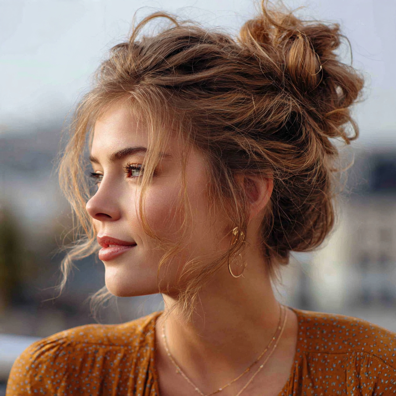 an attractive woman having messy loose bun easy up