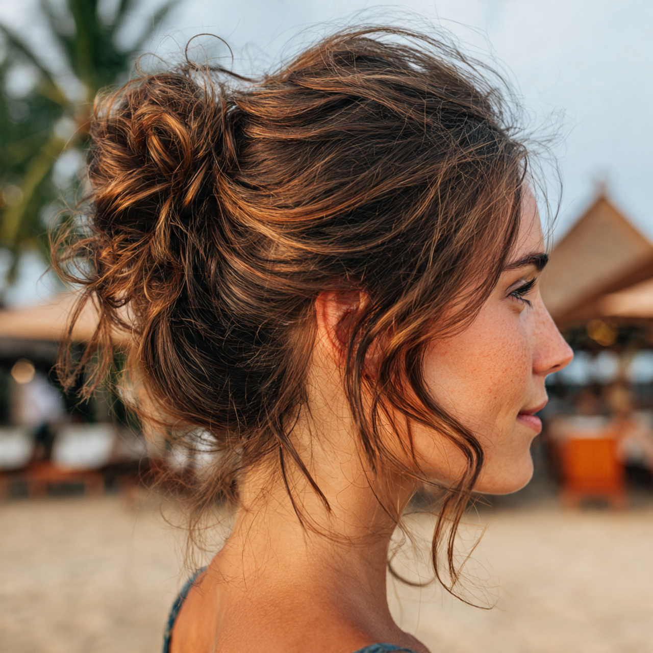 an attractive woman having messy low beach bun hai