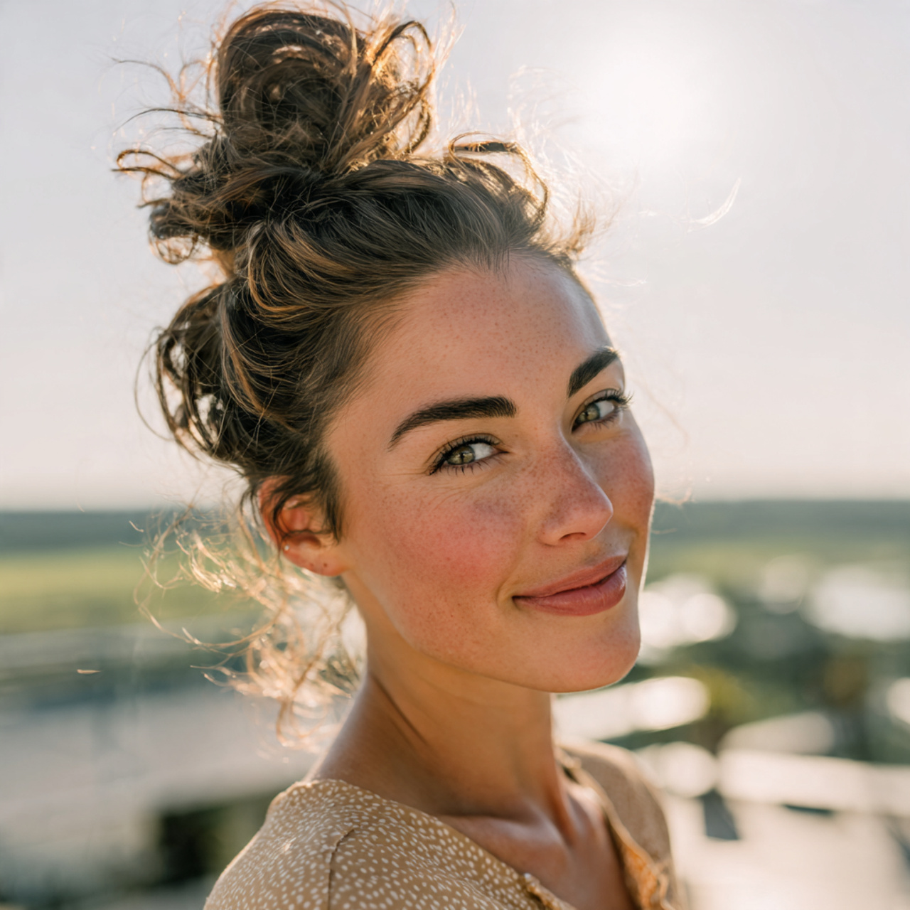 an attractive woman having messy top knot hairstyl