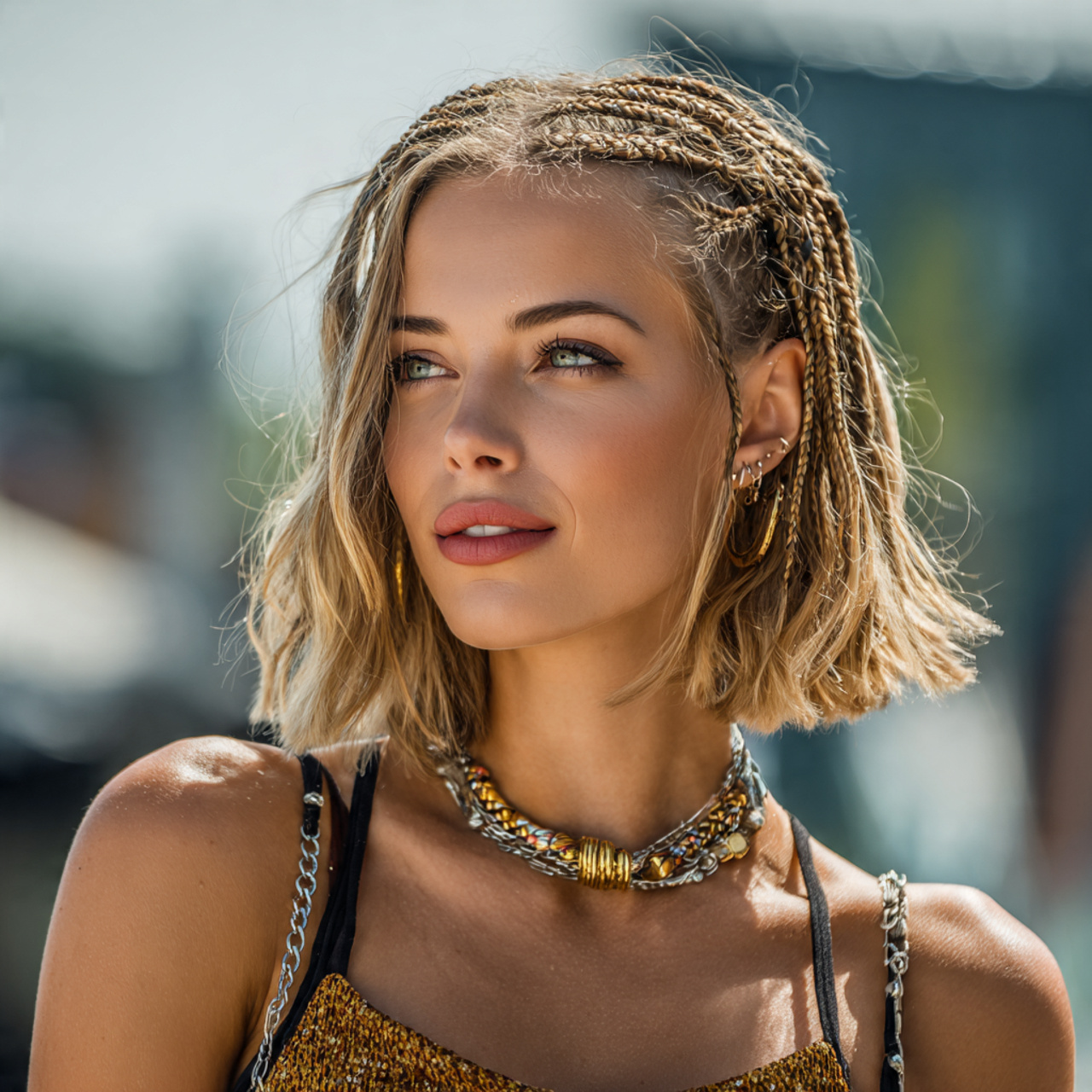 an attractive woman having mini front braids short