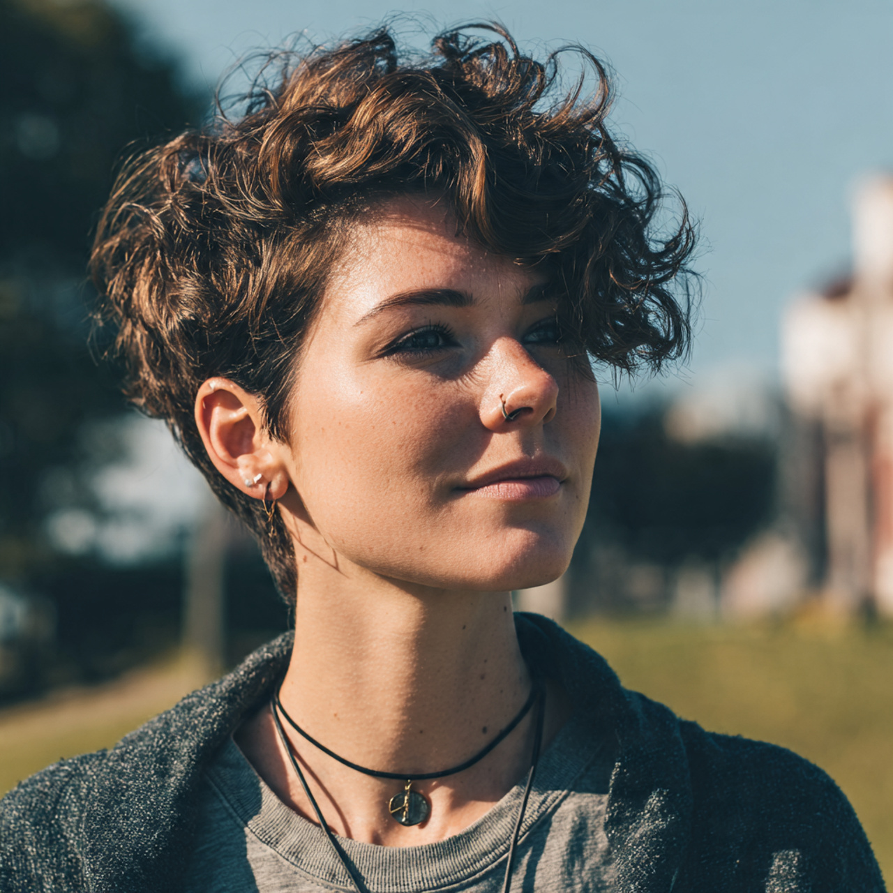 an attractive woman having natural short hair flow
