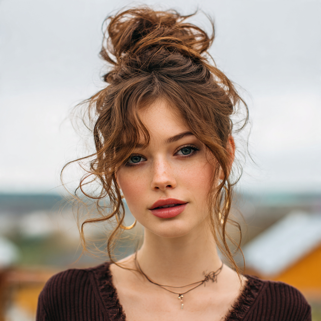 an attractive woman having quick easy messy top kn