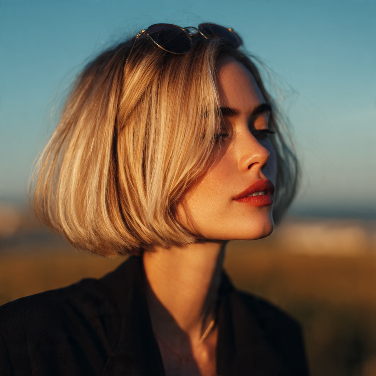 an attractive woman having short blunt bob hairsty