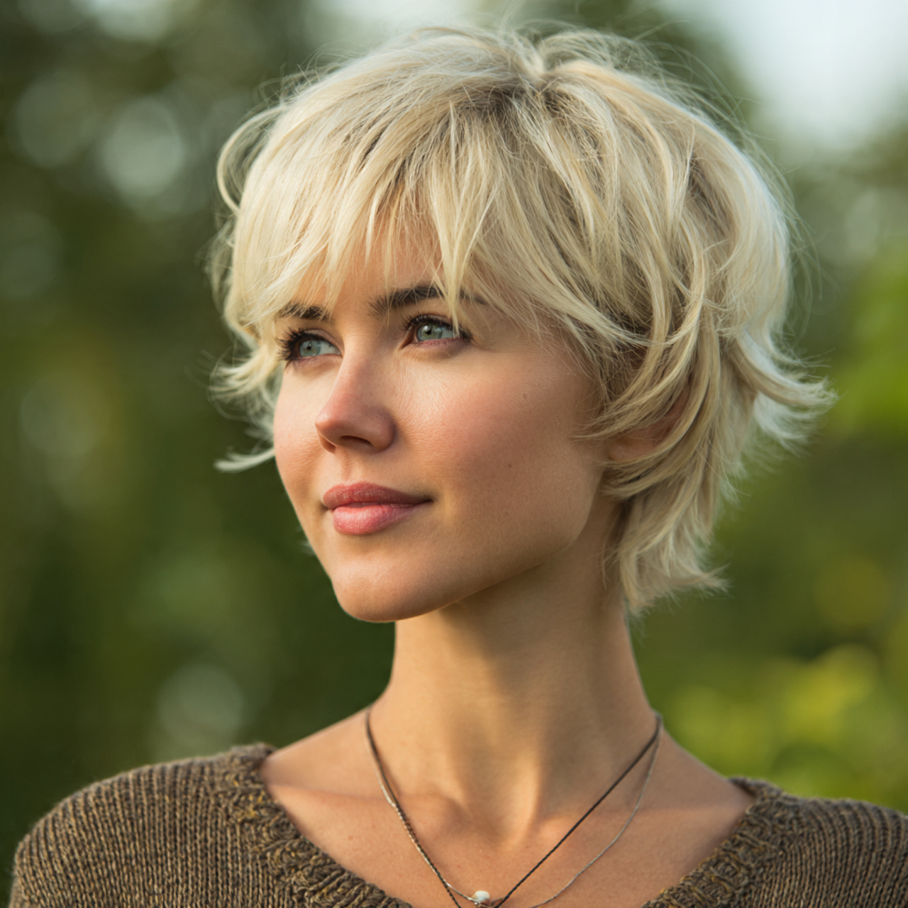 an attractive woman having short feathered layers