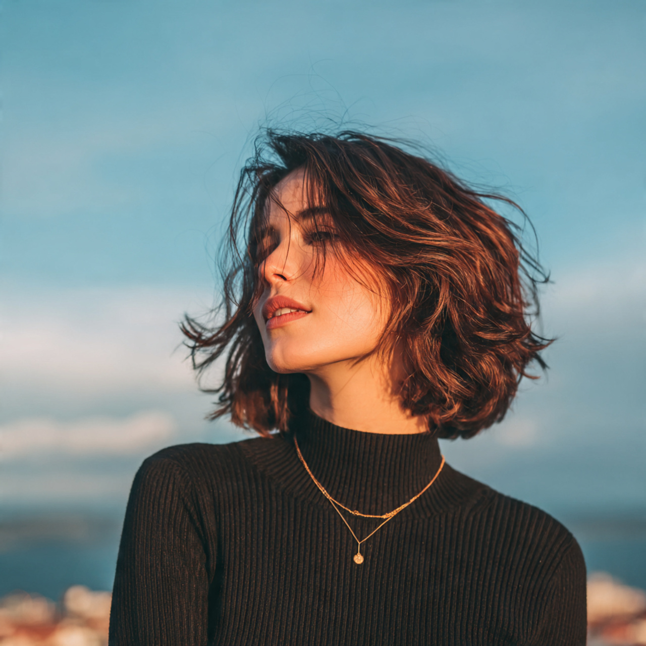 an attractive woman having short layered lob hairs