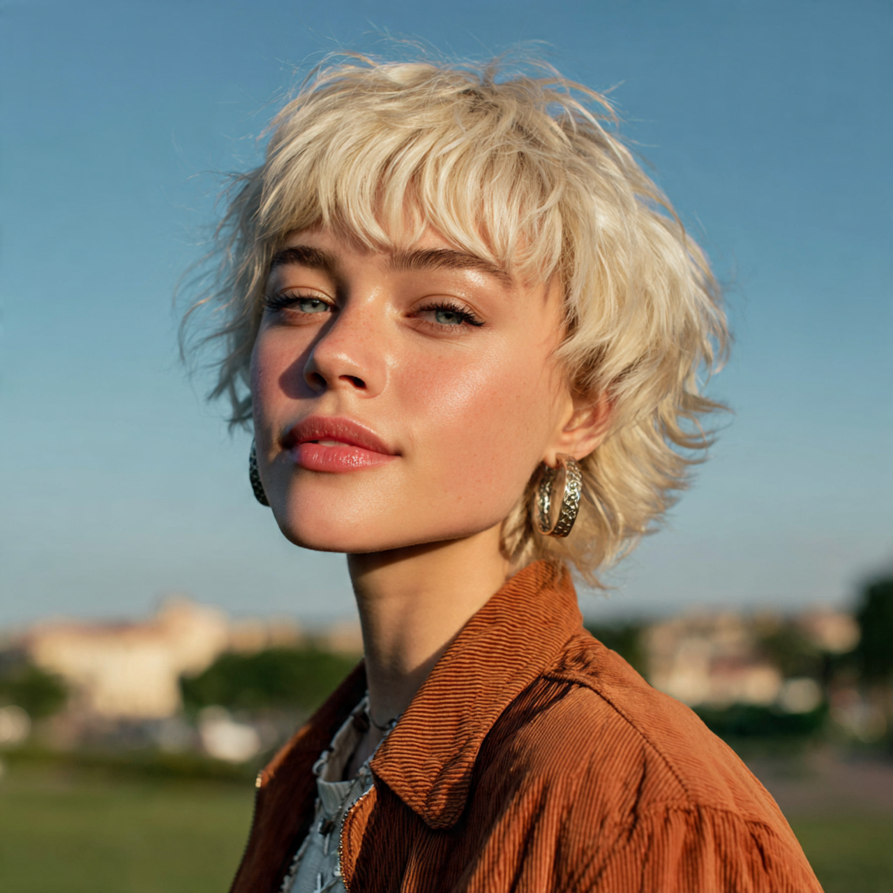 an attractive woman having short shag style hairst