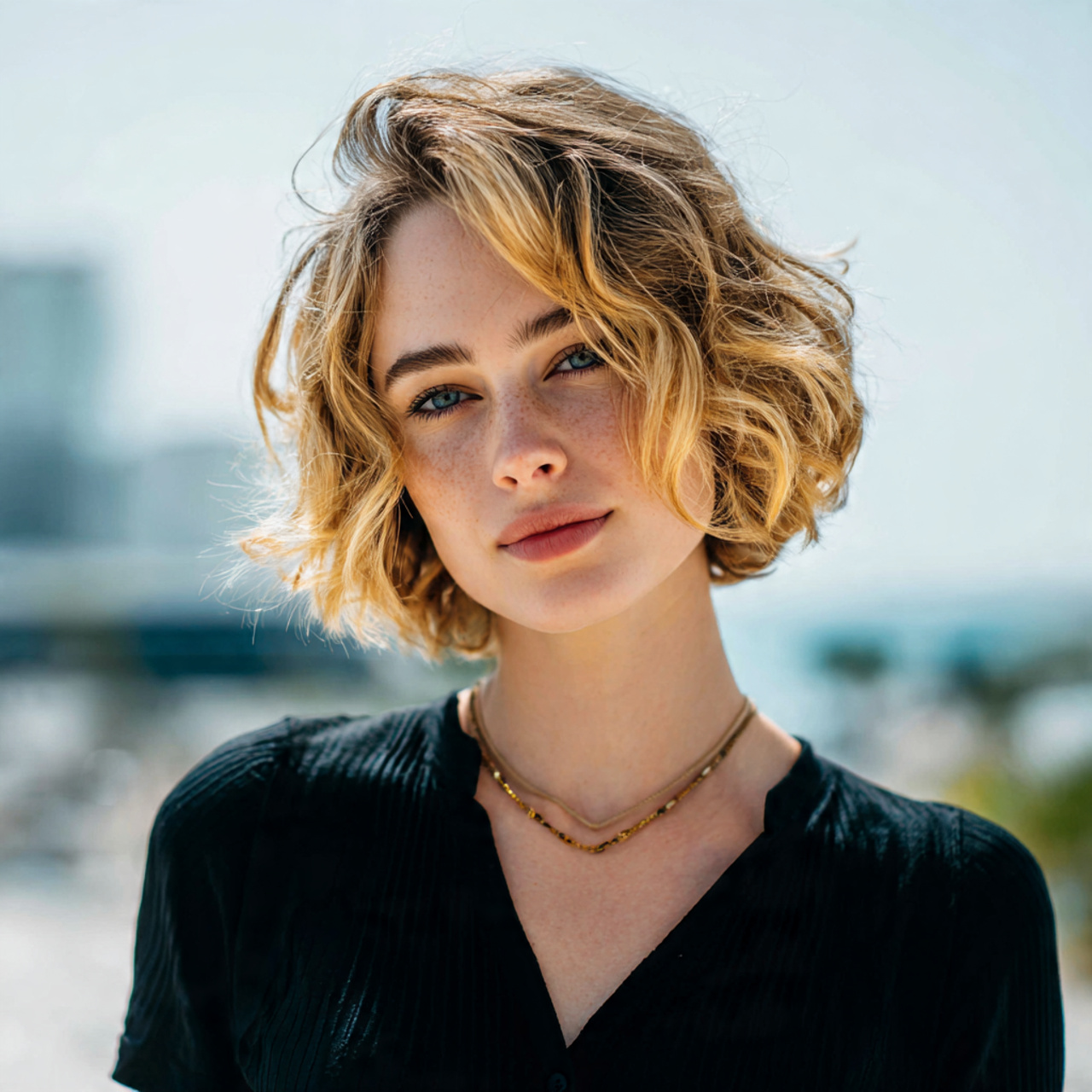 an attractive woman having short wavy bob hairstyl
