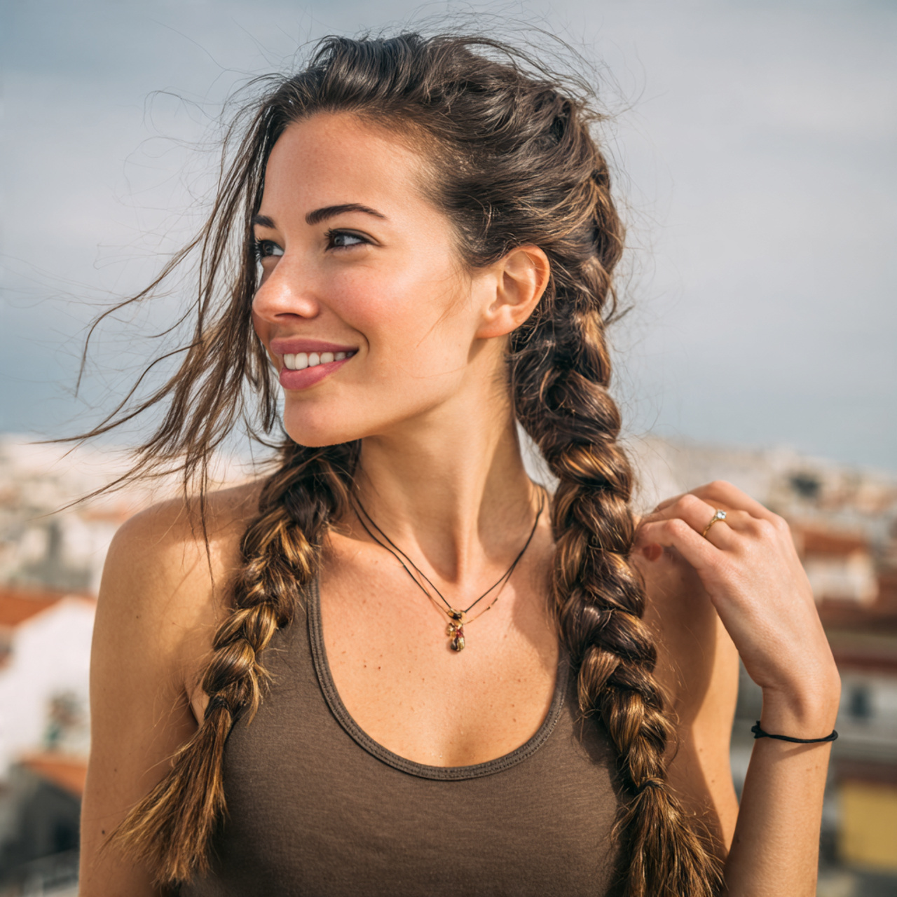 an attractive woman having side loose braid medium