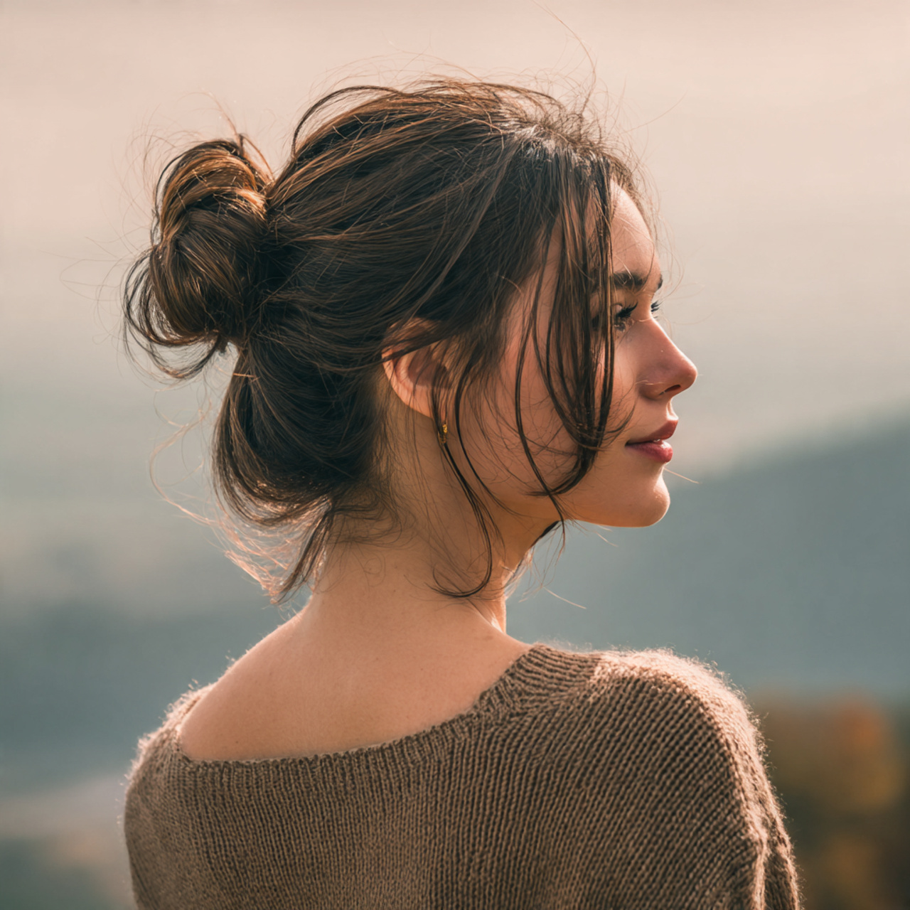an attractive woman having side placement bun hair