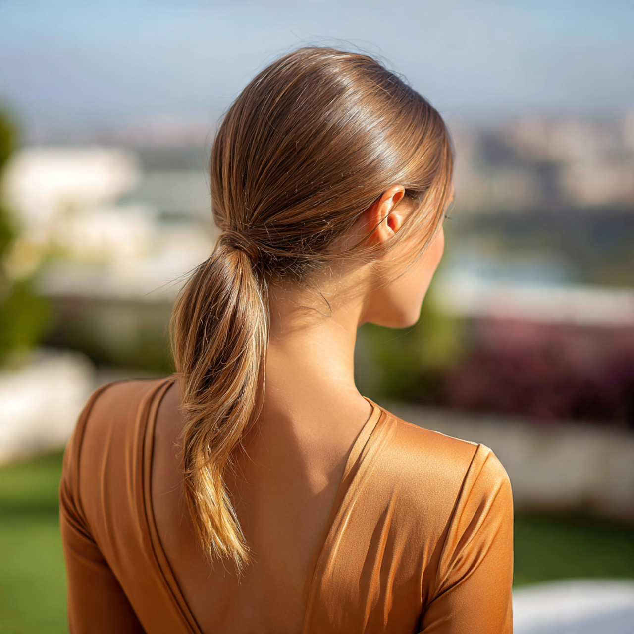 an attractive woman having sleek low ponytail hair
