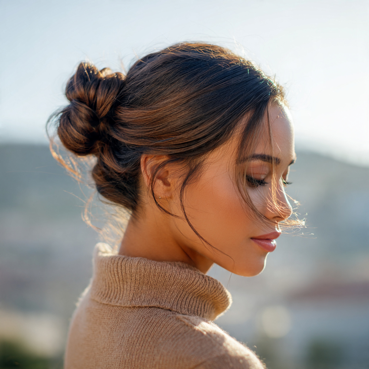 an attractive woman having sleek quick bun hairsty