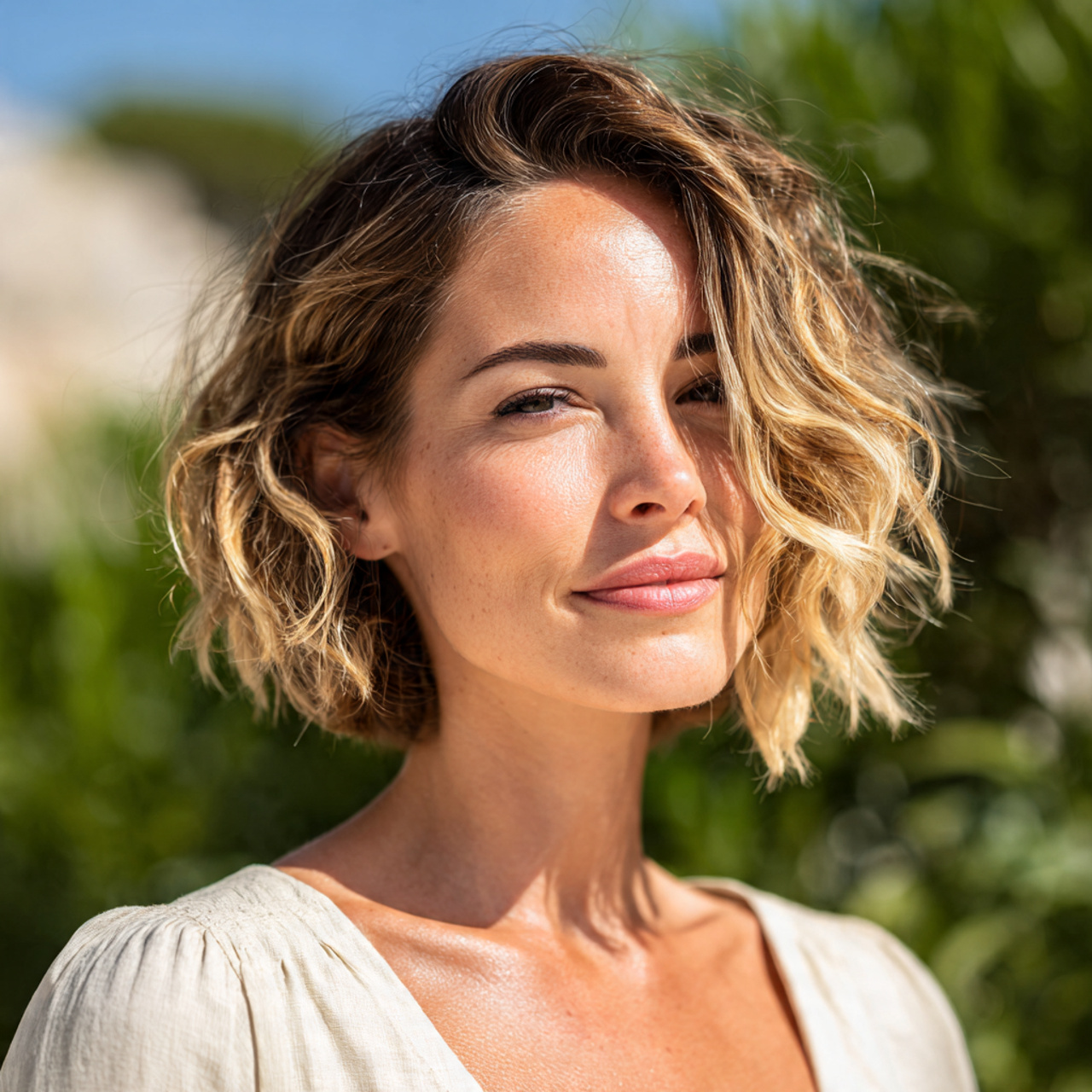 an attractive woman having soft curled ends short