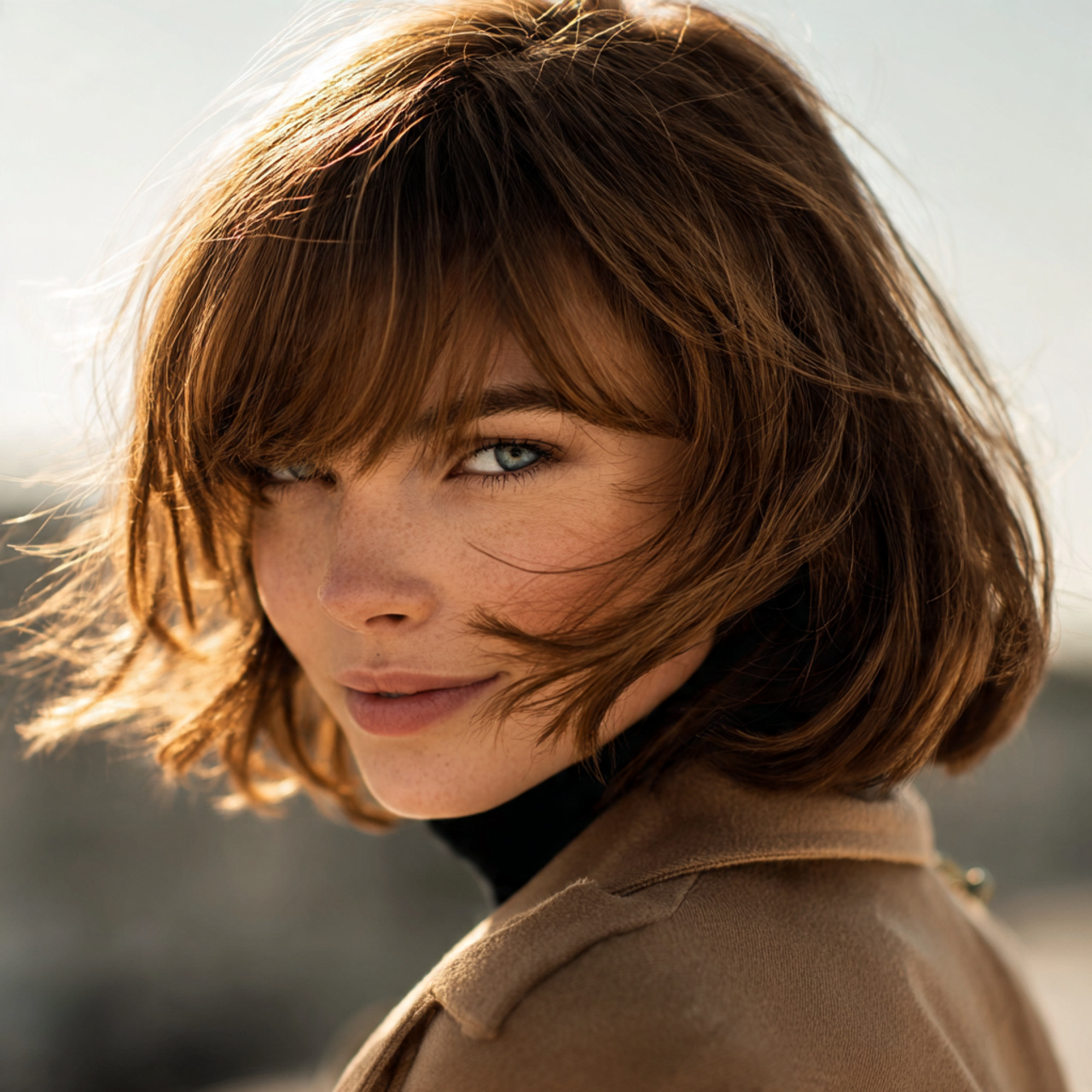 an attractive woman having soft layered flip mediu