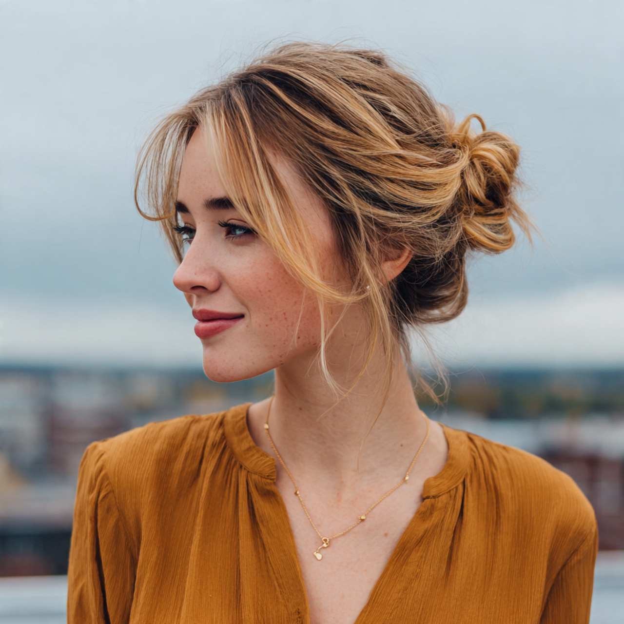 an attractive woman having soft loose bun hairstyl