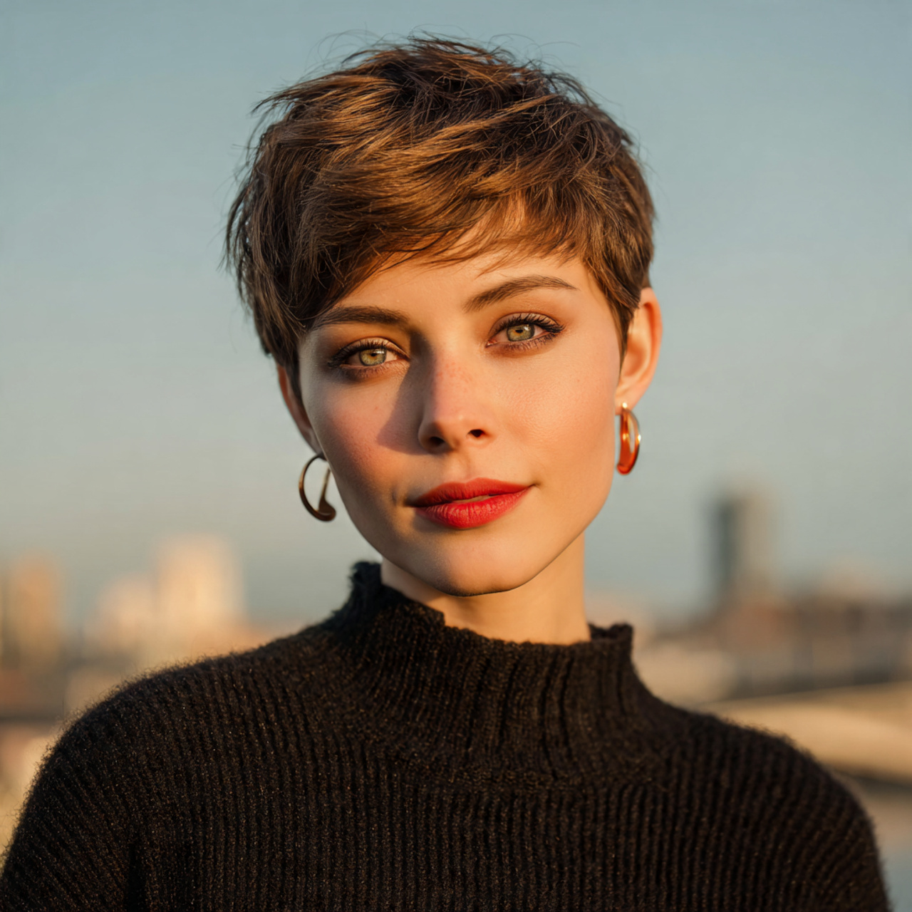 an attractive woman having soft textured pixie sho