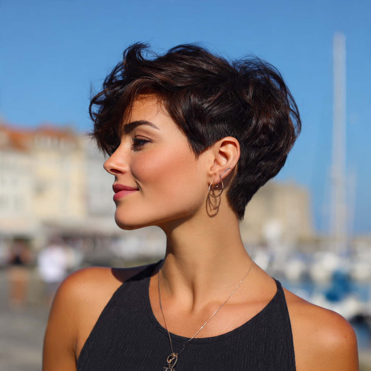 an attractive woman having tapered short cut hairs